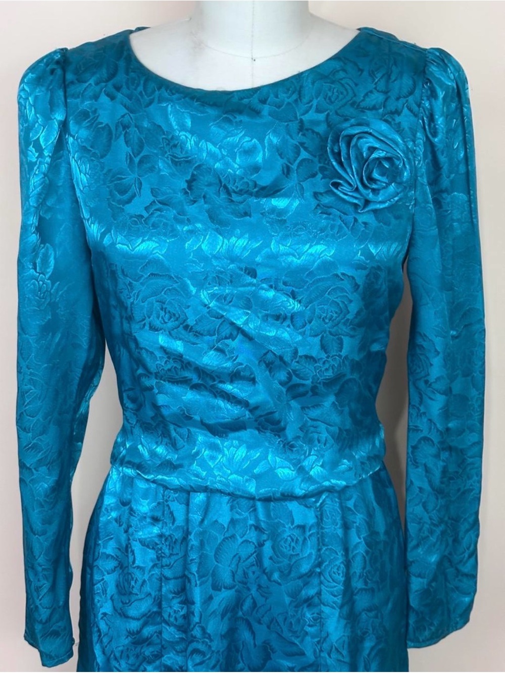 Vintage 80s Blue Brocade Floral Godet Dress Small Medium